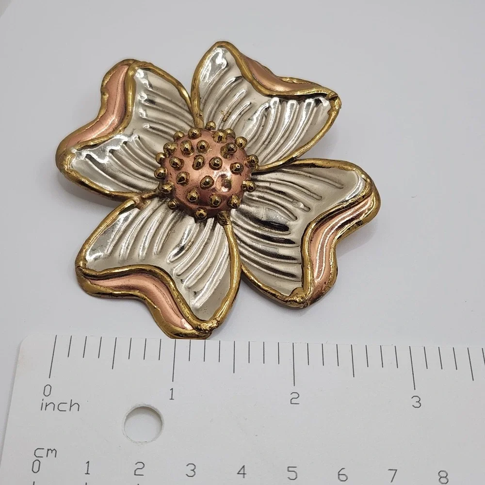 Vintage‎ Brutalist Sigh SJ Mixed Metal Dogwood Flower Brooch Pendant Taxco MCM